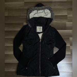 Ci Sono Women's Black Quilted Hooded Lined Jacket Full Zip Pockets Size S